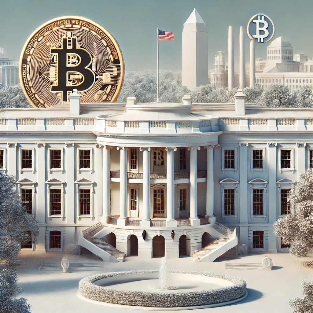 A professional and balanced digital painting of the White House with subtle Bitcoin and cryptocurrency symbols integrated into the architecture. The scene is clean and modern, without any dramatic or dystopian elements. The focus is on the building and its surroundings, without any people present, representing the growing intersection of government and digital finance.